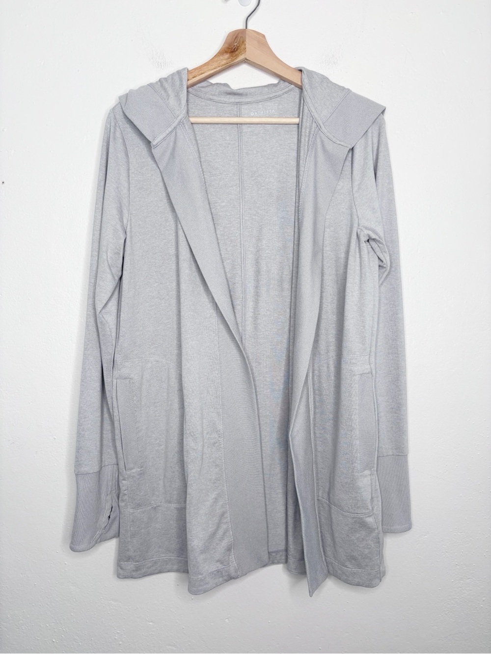 Athleta Hooded Uptempo Wrap Open Front Cardigan Light Grey Size M EUC